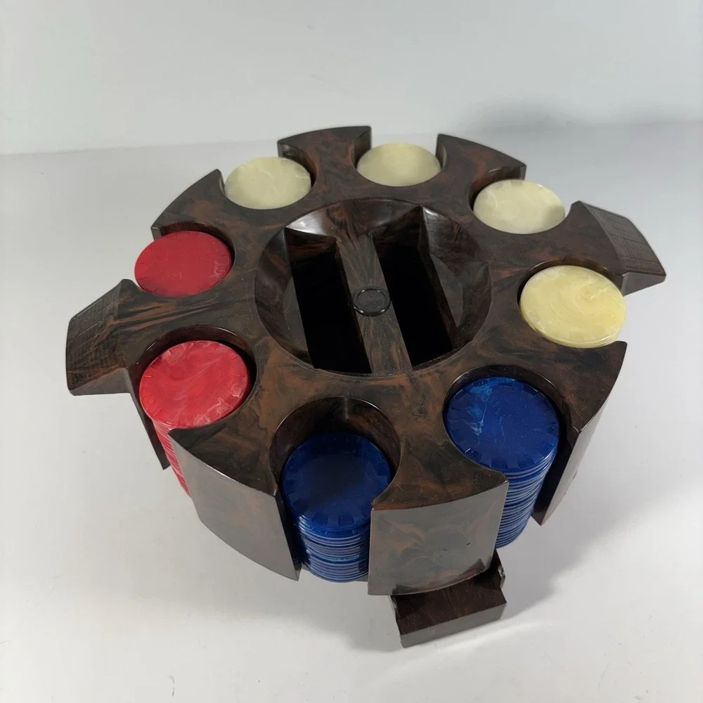 Vtg Brown Poker Chip Rack Dispensing Rotating MCM Made In USA Red